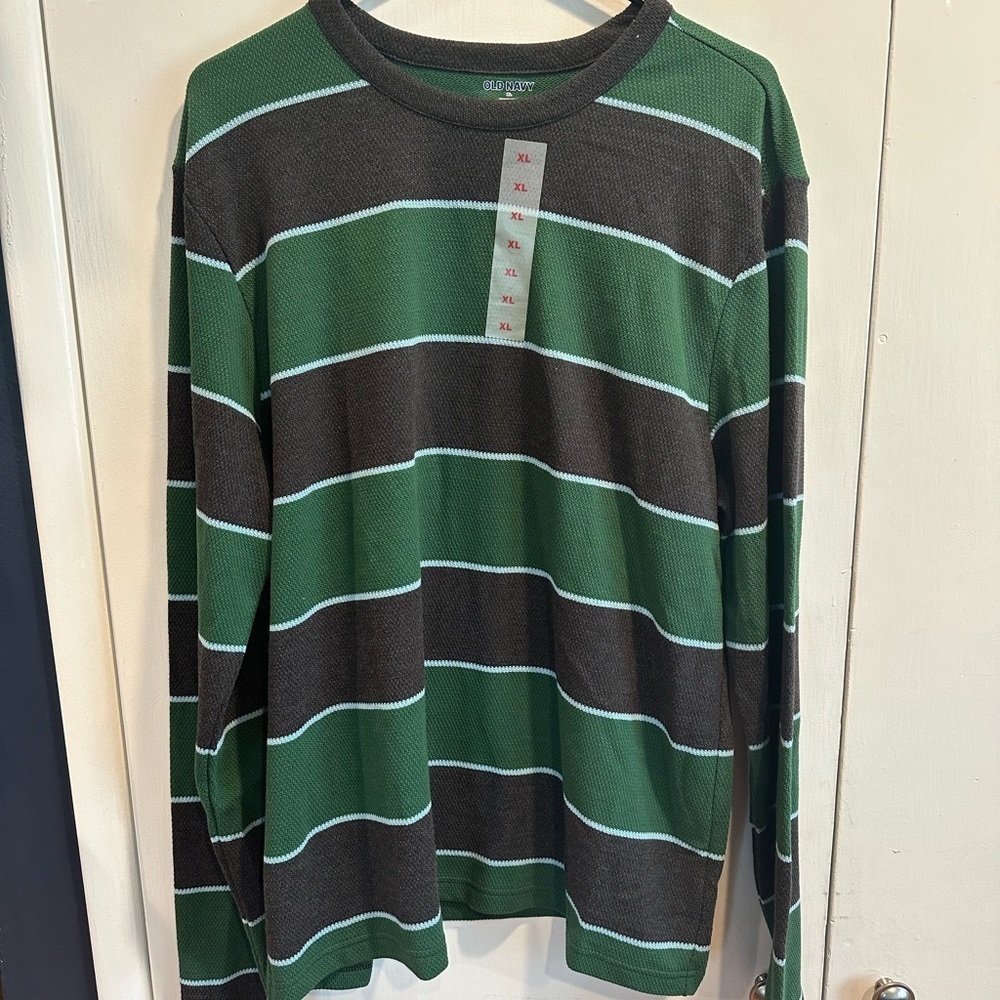 Old Navy Men's Long Sleeve Shirt - Green and Black Stripes